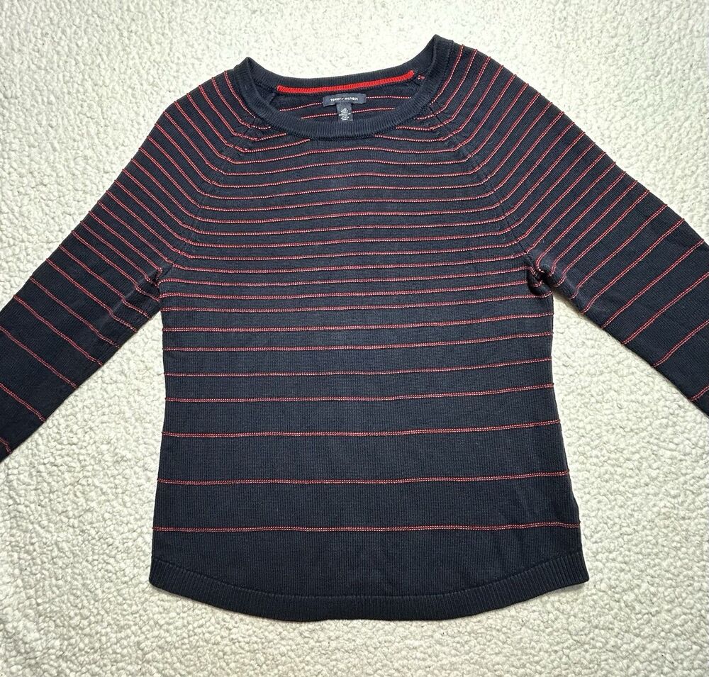 Tommy Hilfiger Striped Sweater Womens Large L Navy Blue Red Cotton Ribbed Knit